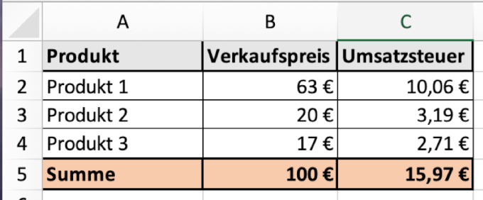 Excel Verkaufspreis ermitteln