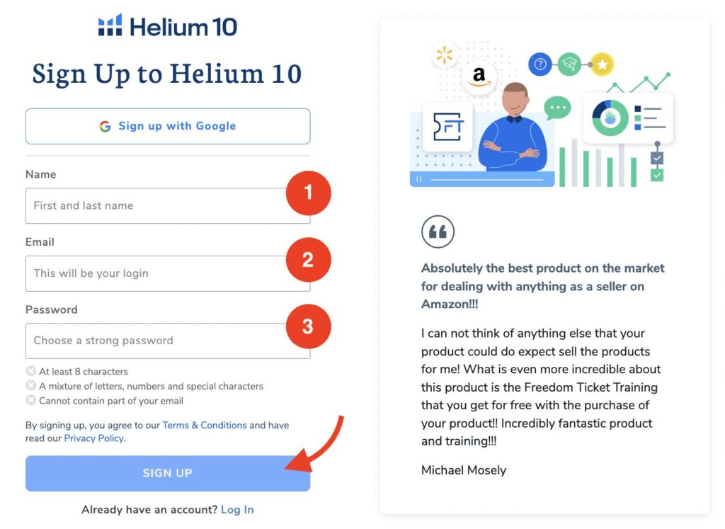 Helium 10 Anmeldeprozess